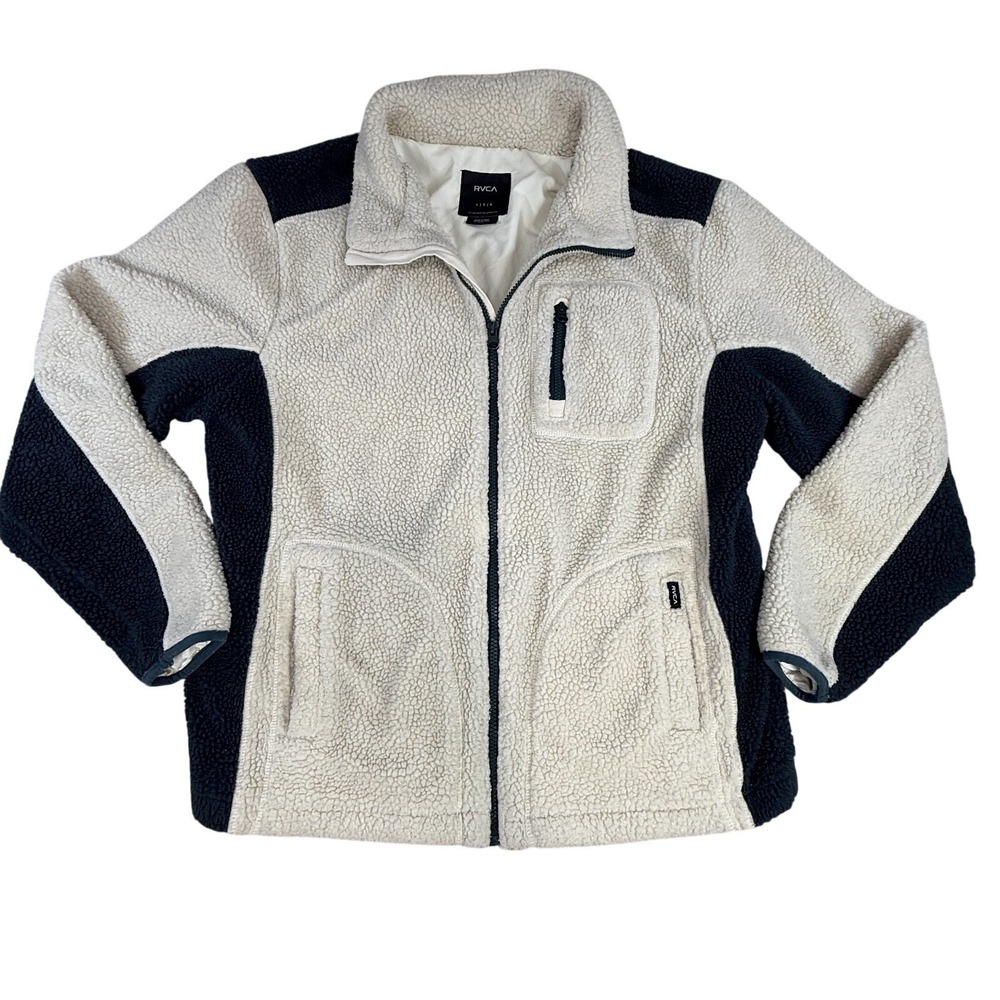 RVCA Mens Large Sherpa Fleece Jacket‎ Full Zip Cream Navy Colorblock Pockets